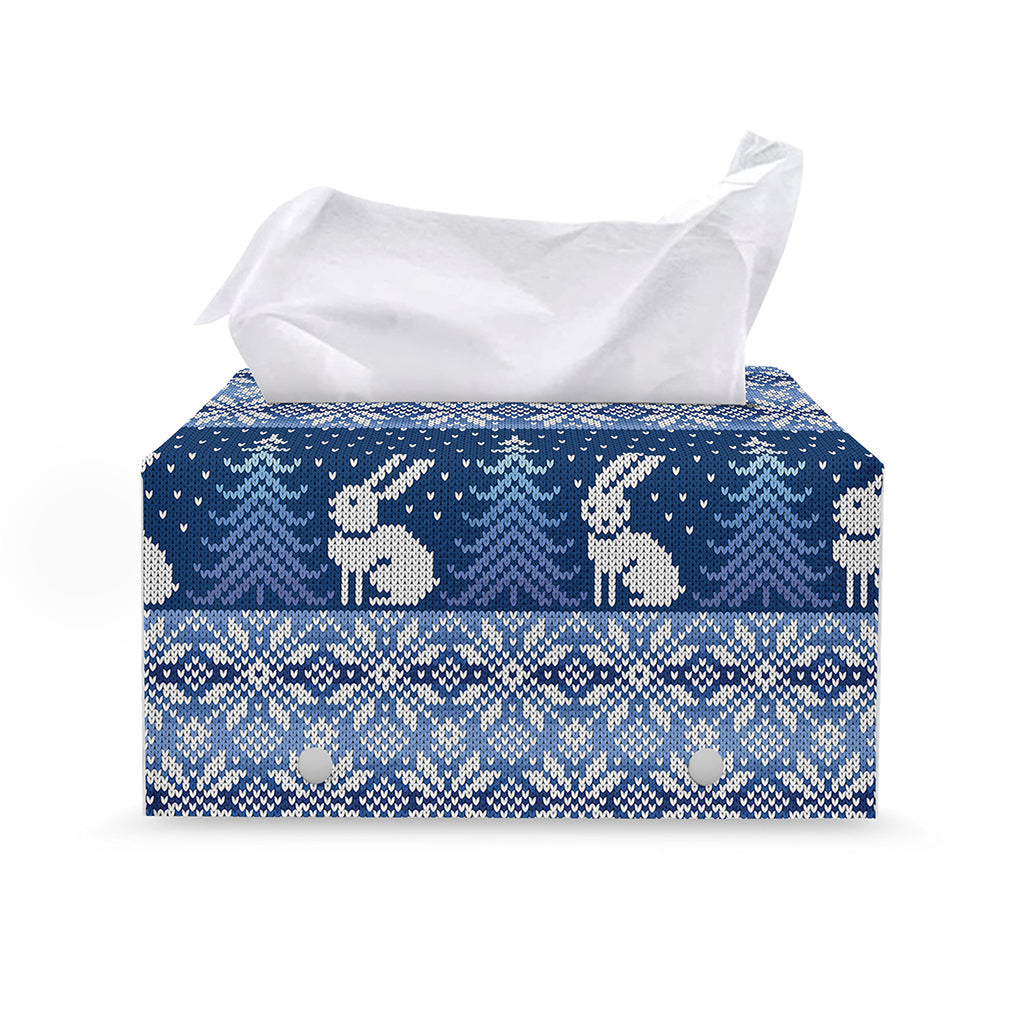 Snow Rabbit Knitted Pattern Print Leather Tissue Box Cover