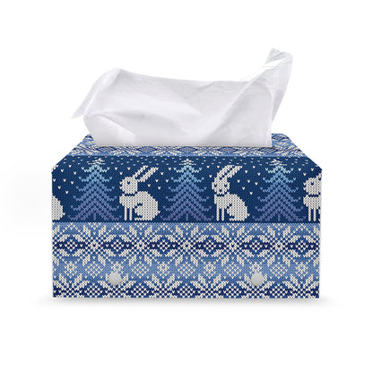 Snow Rabbit Knitted Pattern Print Leather Tissue Box Cover