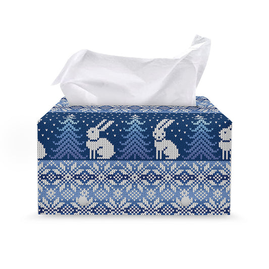 Snow Rabbit Knitted Pattern Print Leather Tissue Box Cover