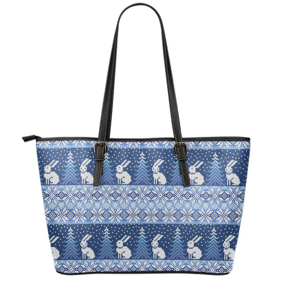 Snow Rabbit Knitted Pattern Print Leather Tote Bag