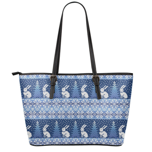 Snow Rabbit Knitted Pattern Print Leather Tote Bag