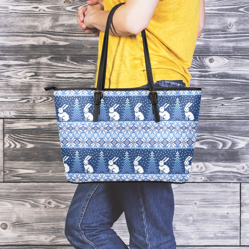 Snow Rabbit Knitted Pattern Print Leather Tote Bag