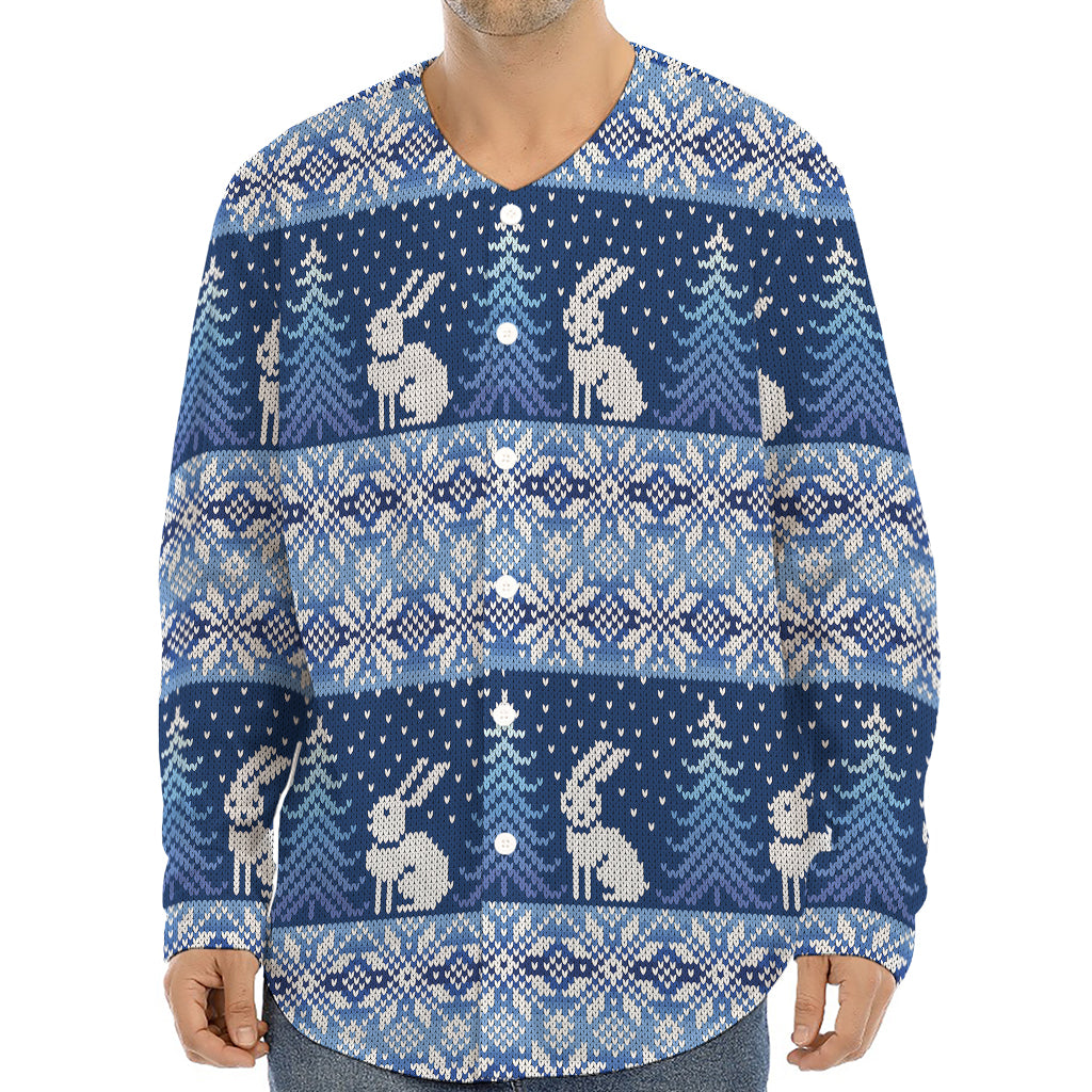 Snow Rabbit Knitted Pattern Print Long Sleeve Baseball Jersey