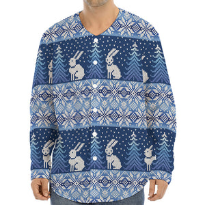 Snow Rabbit Knitted Pattern Print Long Sleeve Baseball Jersey