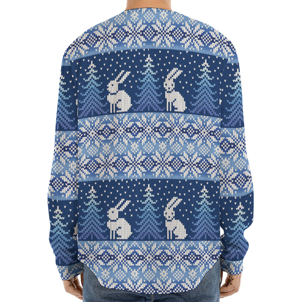 Snow Rabbit Knitted Pattern Print Long Sleeve Baseball Jersey