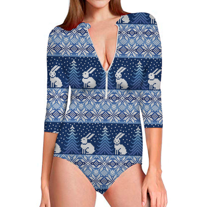Snow Rabbit Knitted Pattern Print Long Sleeve Swimsuit