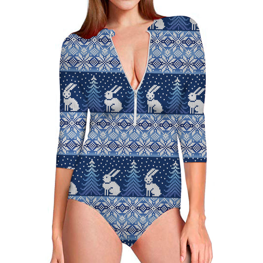Snow Rabbit Knitted Pattern Print Long Sleeve Swimsuit