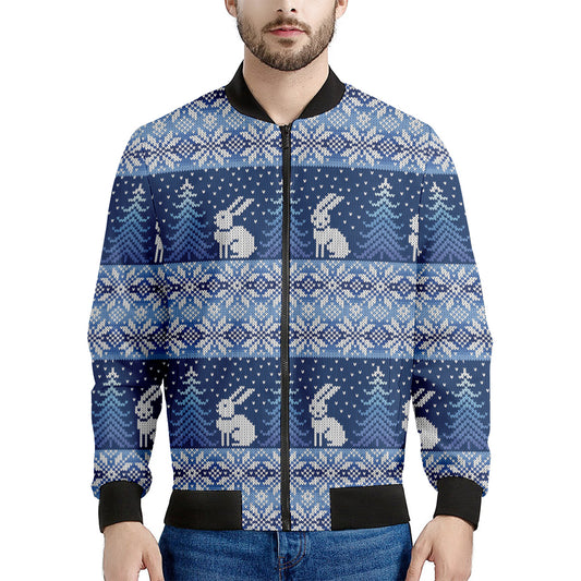 Snow Rabbit Knitted Pattern Print Men's Bomber Jacket