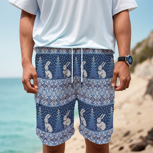 Snow Rabbit Knitted Pattern Print Men's Cargo Shorts