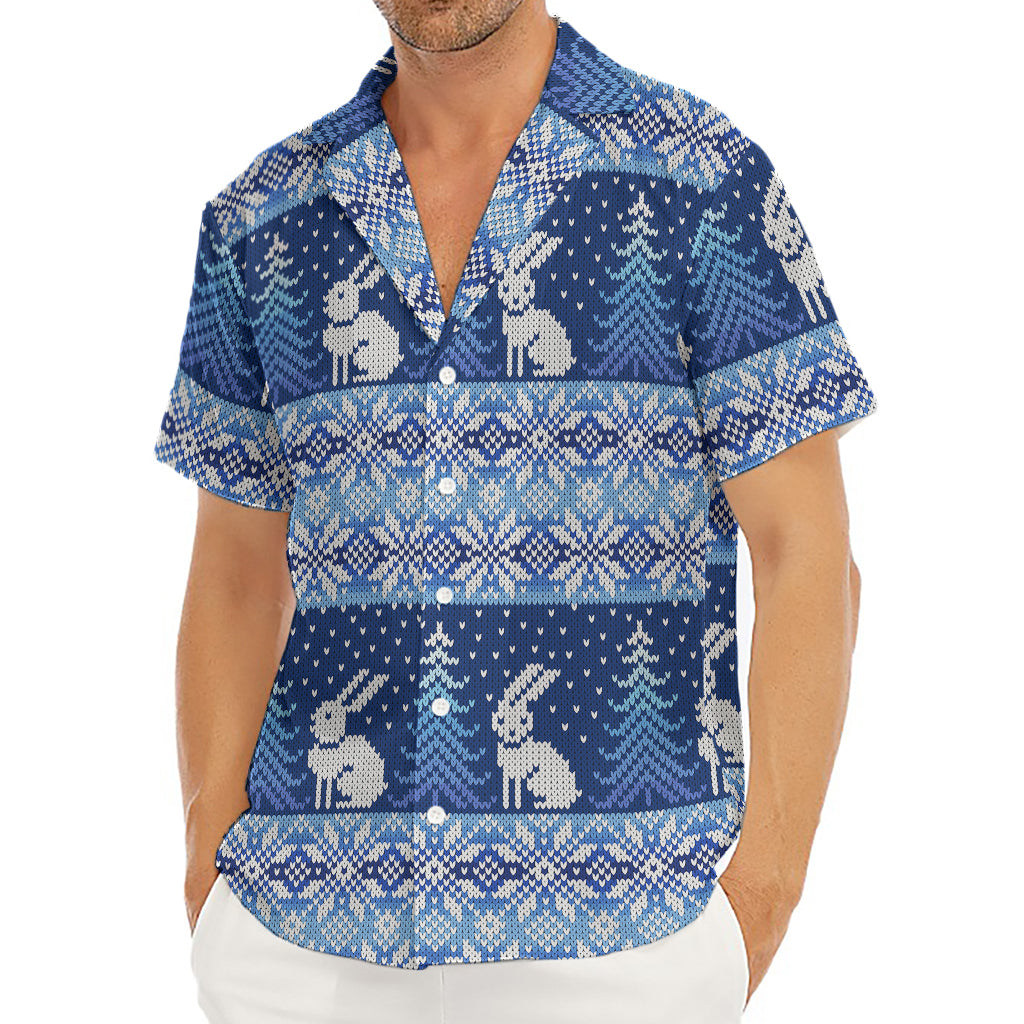 Snow Rabbit Knitted Pattern Print Men's Deep V-Neck Shirt