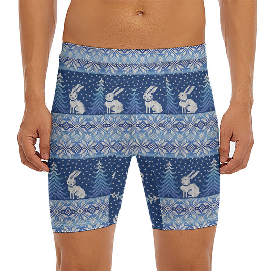 Snow Rabbit Knitted Pattern Print Men's Long Boxer Briefs