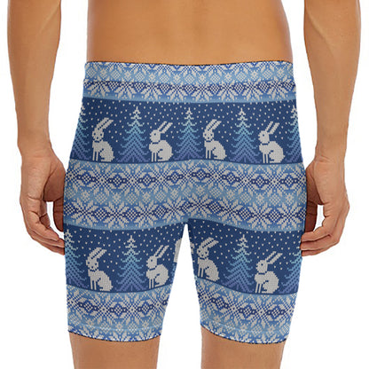 Snow Rabbit Knitted Pattern Print Men's Long Boxer Briefs