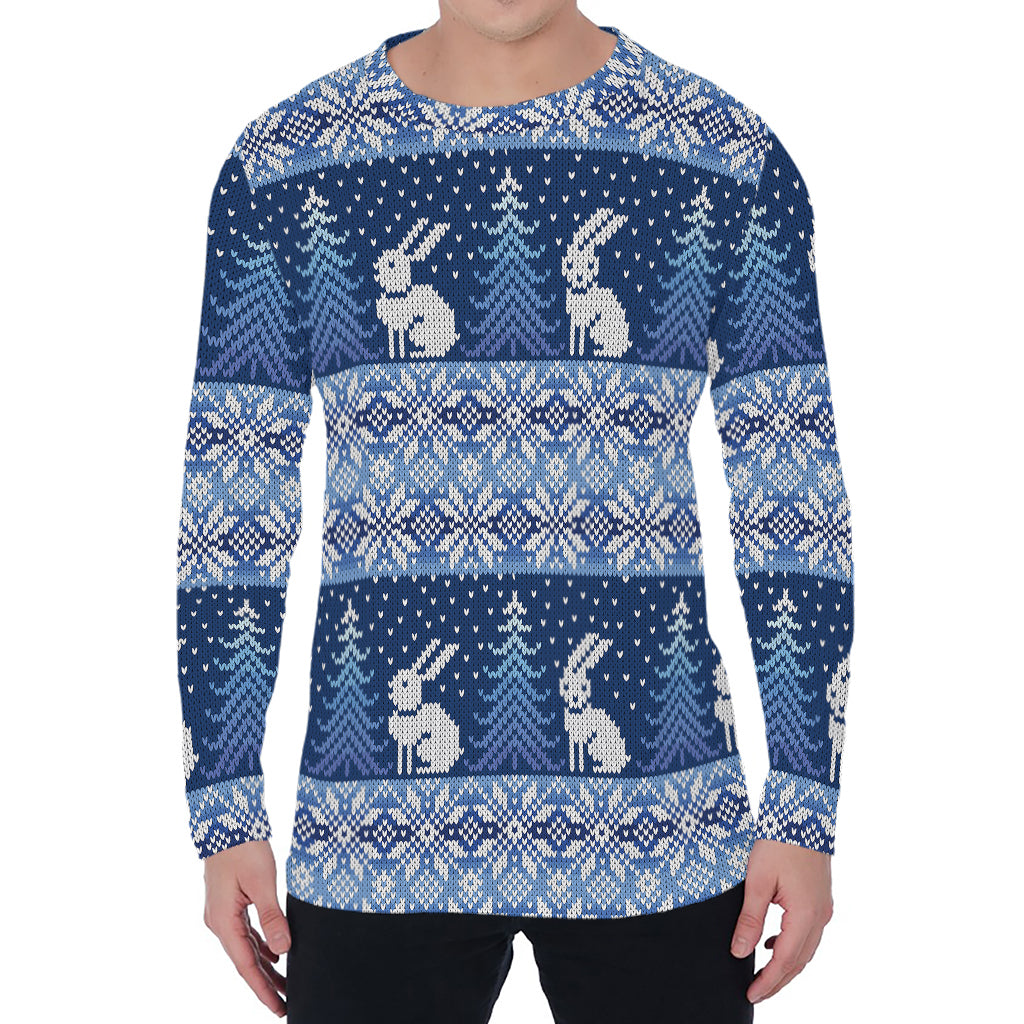 Snow Rabbit Knitted Pattern Print Men's Long Sleeve T-Shirt