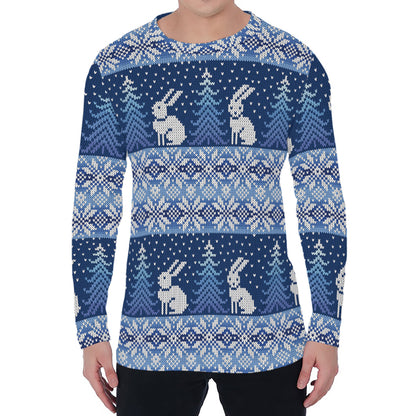Snow Rabbit Knitted Pattern Print Men's Long Sleeve T-Shirt
