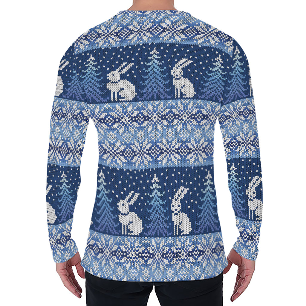 Snow Rabbit Knitted Pattern Print Men's Long Sleeve T-Shirt