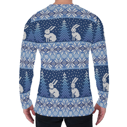 Snow Rabbit Knitted Pattern Print Men's Long Sleeve T-Shirt