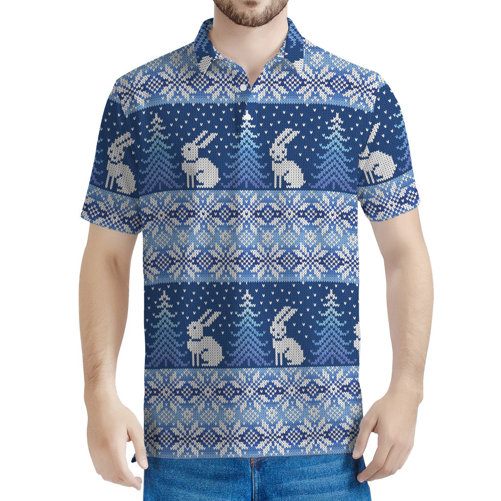 Snow Rabbit Knitted Pattern Print Men's Polo Shirt