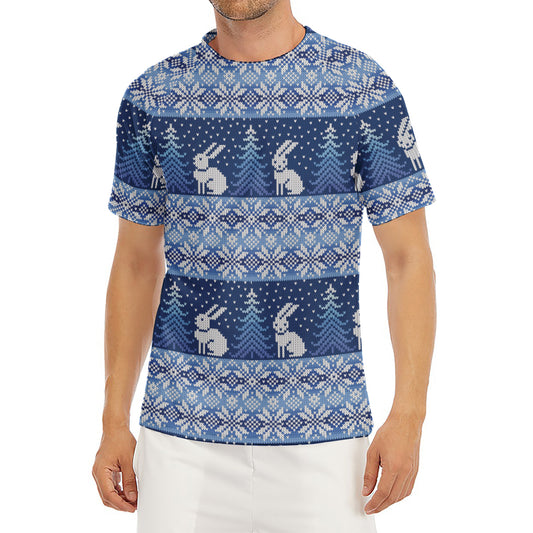 Snow Rabbit Knitted Pattern Print Men's Short Sleeve Rash Guard