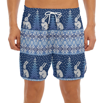 Snow Rabbit Knitted Pattern Print Men's Split Running Shorts
