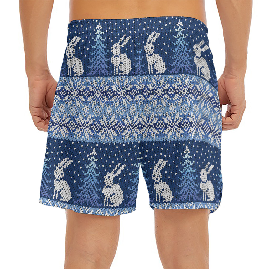 Snow Rabbit Knitted Pattern Print Men's Split Running Shorts
