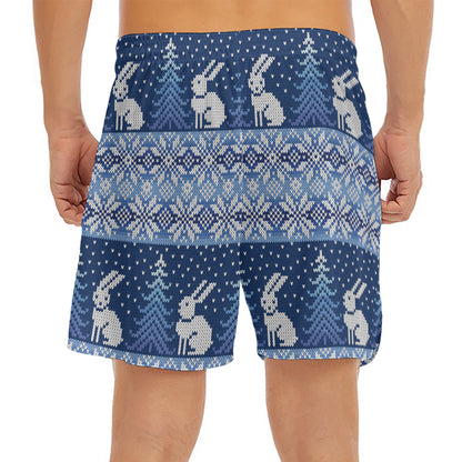 Snow Rabbit Knitted Pattern Print Men's Split Running Shorts
