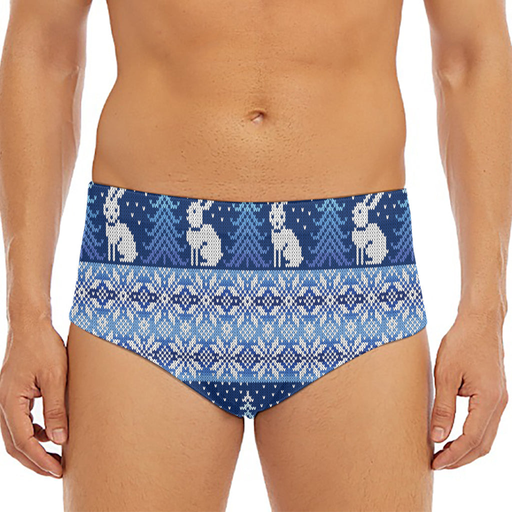 Snow Rabbit Knitted Pattern Print Men's Triangle Swim Briefs