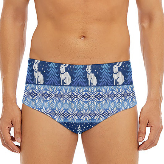 Snow Rabbit Knitted Pattern Print Men's Triangle Swim Briefs
