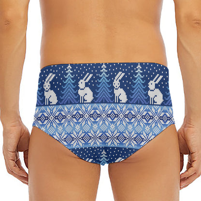 Snow Rabbit Knitted Pattern Print Men's Triangle Swim Briefs