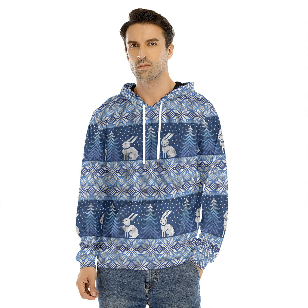 Snow Rabbit Knitted Pattern Print Men's Velvet Pullover Hoodie