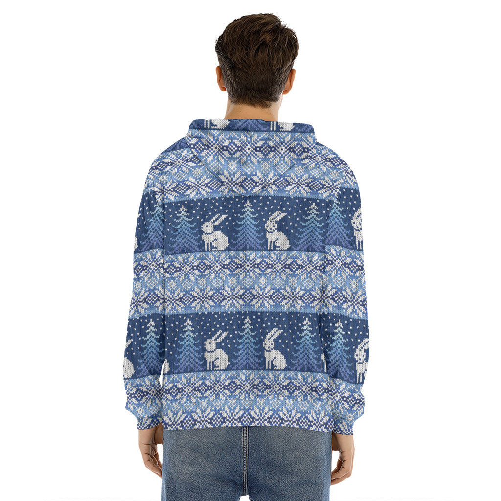 Snow Rabbit Knitted Pattern Print Men's Velvet Pullover Hoodie