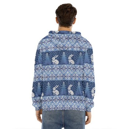 Snow Rabbit Knitted Pattern Print Men's Velvet Pullover Hoodie
