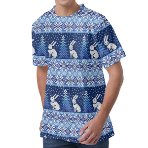 Snow Rabbit Knitted Pattern Print Men's Velvet T-Shirt