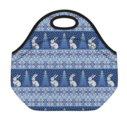 Snow Rabbit Knitted Pattern Print Neoprene Lunch Bag