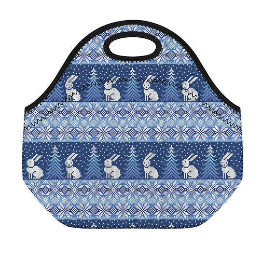Snow Rabbit Knitted Pattern Print Neoprene Lunch Bag