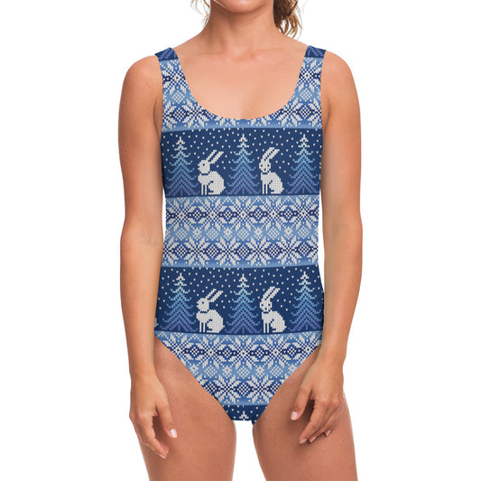Snow Rabbit Knitted Pattern Print One Piece Swimsuit