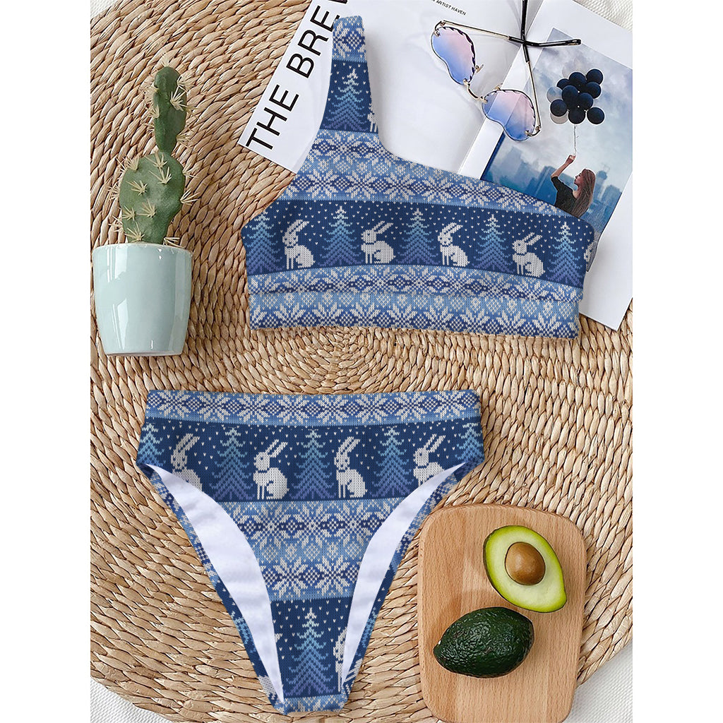 Snow Rabbit Knitted Pattern Print One Shoulder Bikini Top