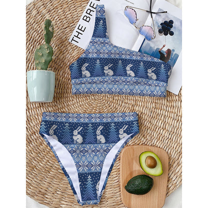 Snow Rabbit Knitted Pattern Print One Shoulder Bikini Top