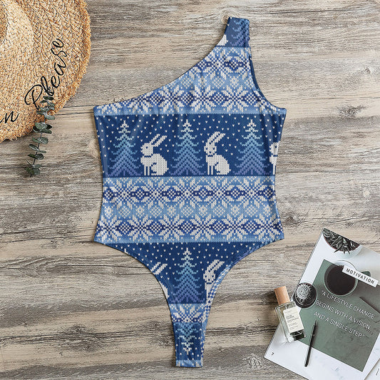 Snow Rabbit Knitted Pattern Print One Shoulder Bodysuit