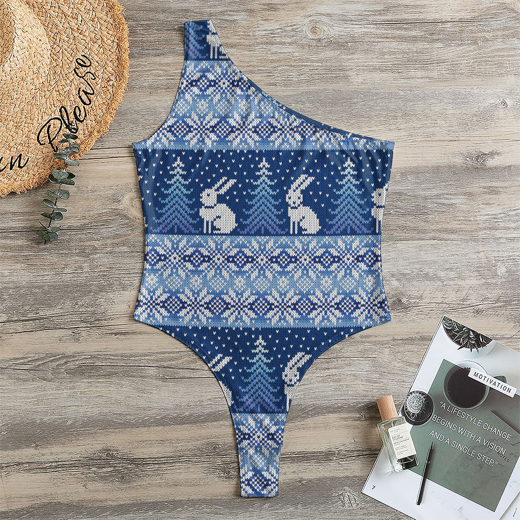 Snow Rabbit Knitted Pattern Print One Shoulder Bodysuit