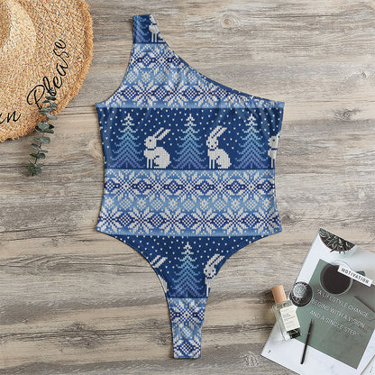 Snow Rabbit Knitted Pattern Print One Shoulder Bodysuit