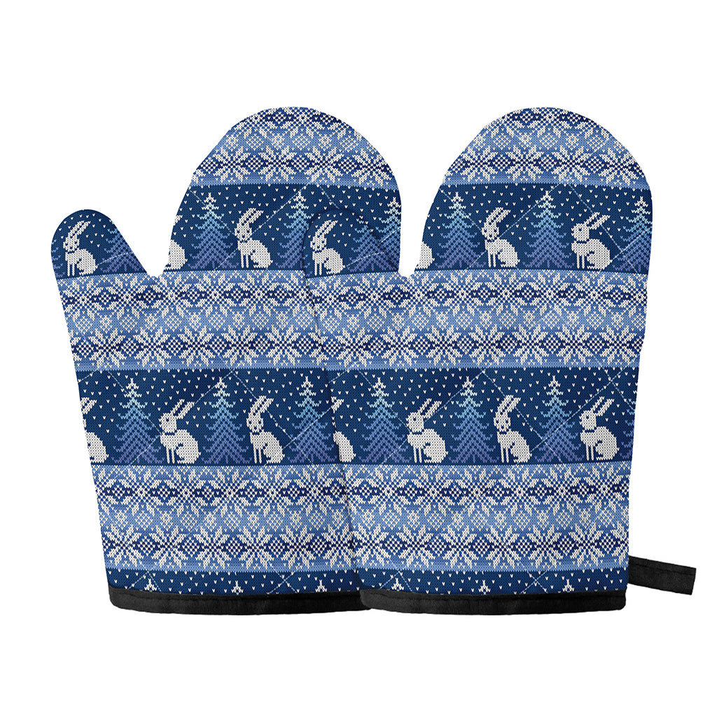 Snow Rabbit Knitted Pattern Print Oven Mitts