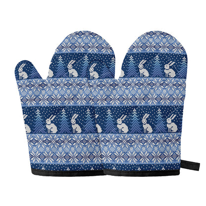 Snow Rabbit Knitted Pattern Print Oven Mitts