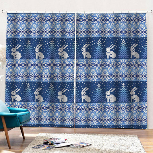 Snow Rabbit Knitted Pattern Print Pencil Pleat Curtains