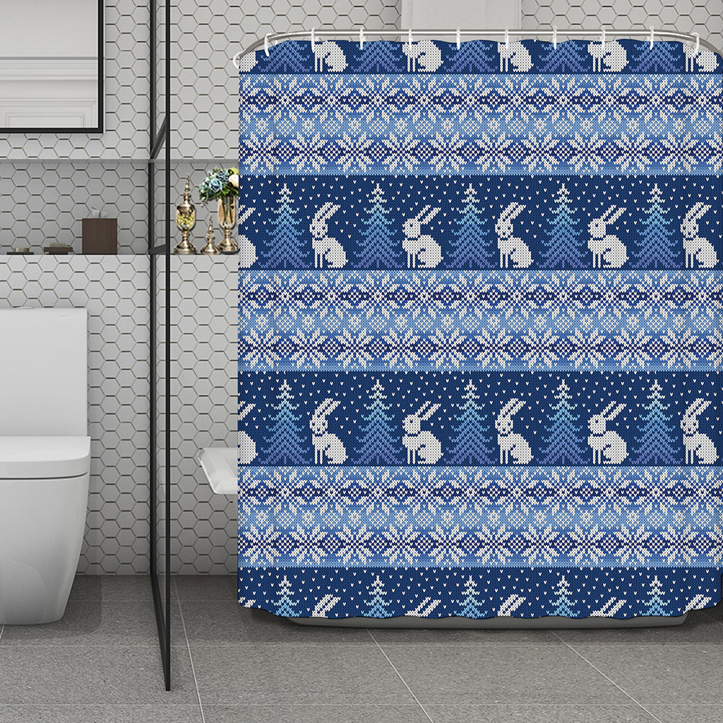 Snow Rabbit Knitted Pattern Print Polyester Shower Curtain