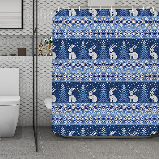 Snow Rabbit Knitted Pattern Print Polyester Shower Curtain