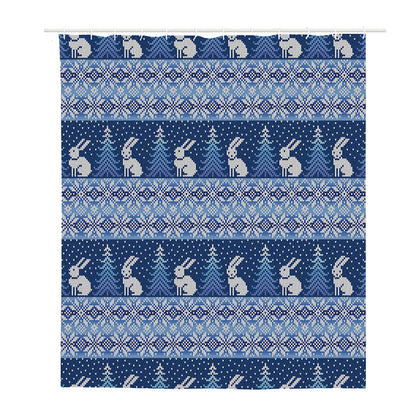 Snow Rabbit Knitted Pattern Print Polyester Shower Curtain