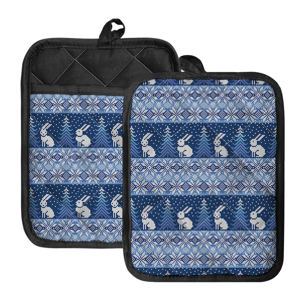Snow Rabbit Knitted Pattern Print Pot Holders With Pocket