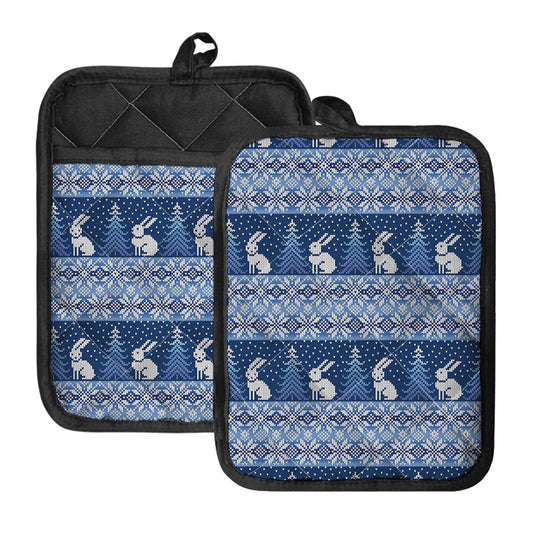Snow Rabbit Knitted Pattern Print Pot Holders With Pocket