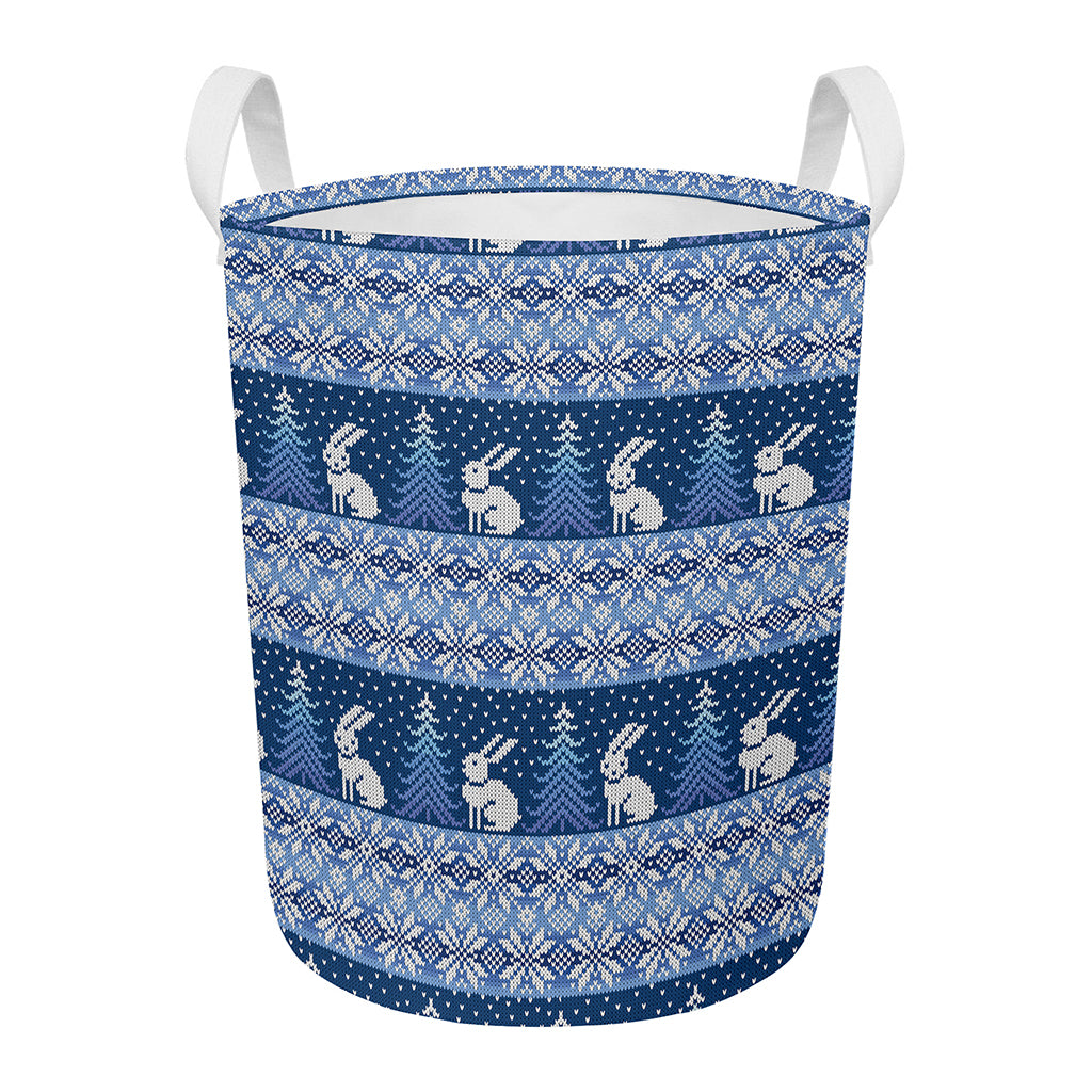 Snow Rabbit Knitted Pattern Print Round Laundry Basket
