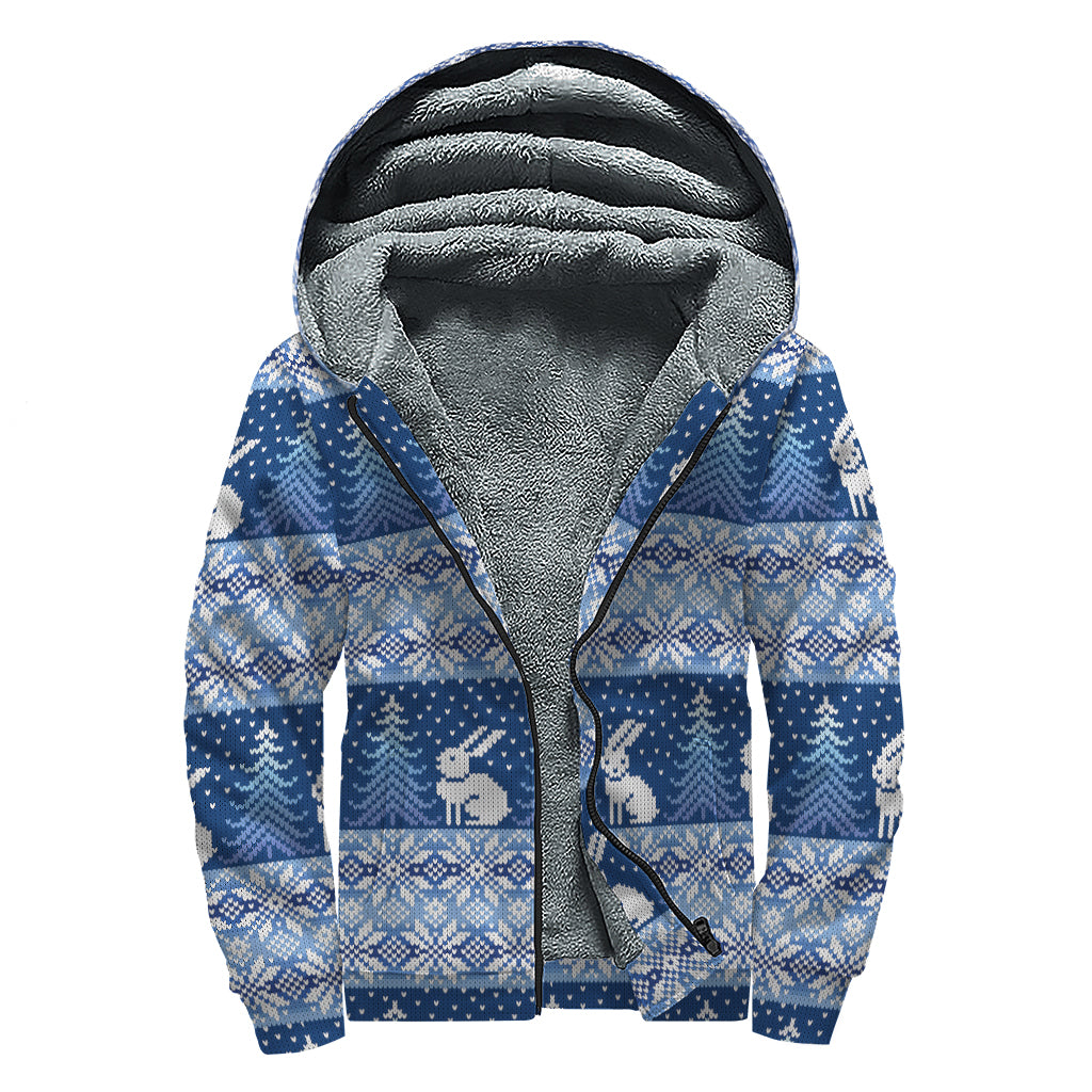 Snow Rabbit Knitted Pattern Print Sherpa Lined Zip Up Hoodie